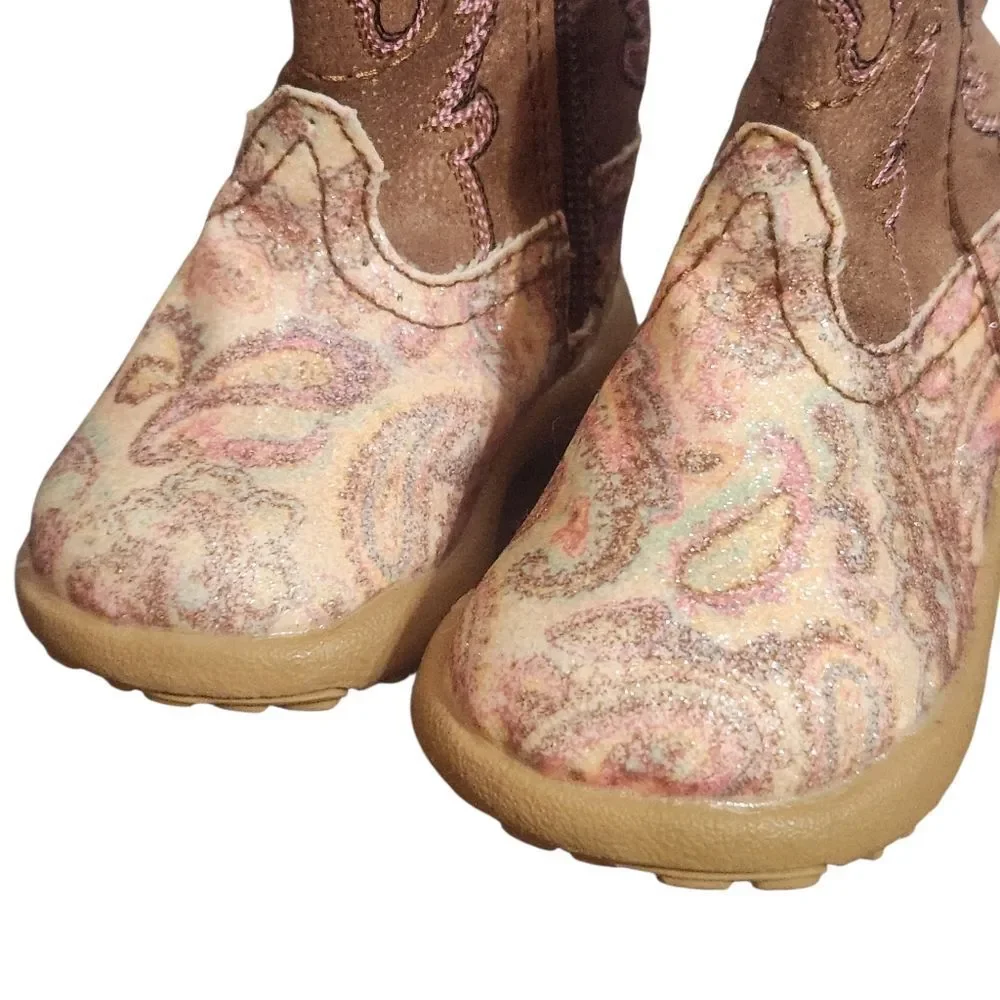 Roper Newborn Size 2 Soft Cowboy Boots Brown Yellow Paisley Side Zip Shoes